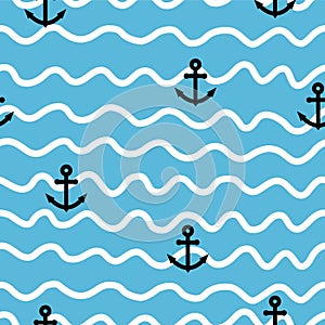 Seamless marine pattern with black anchor on blue background with white hand drawn sea waves. ESP 10 vector illustration