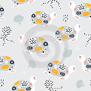 Seamless marine pattern with cute turtles . Creative undersea texture. Great for fabric, textile Vector Illustration