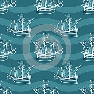Seamless marine pattern with sailing ships.