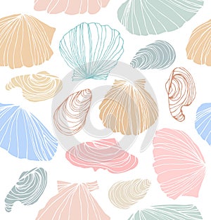 Seamless marine pattern with shells. Bright graphic background with seashells.