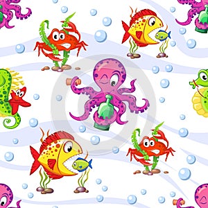 Seamless marine pattern with octopus, starfish, seahorse, crab and fish