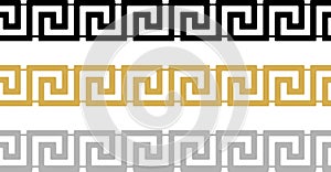 Seamless meander or Maze border vector in black, gold and silver. Isolated background.