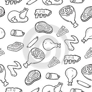 Seamless meat doodle pattern with a black and white color