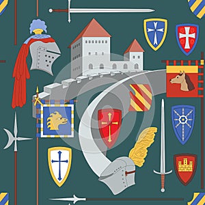 Seamless medieval pattern with castle of knight, helmets and shields