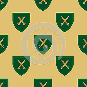 Seamless medieval pattern with green shields