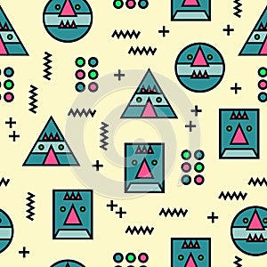 Seamless memphis geometric abstract weird face pattern background