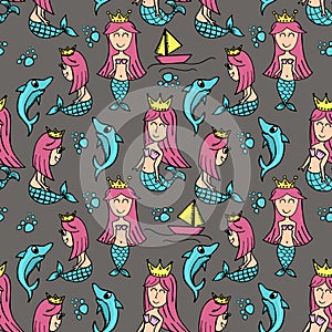 Seamless mermaid drawing with dolphin childish style