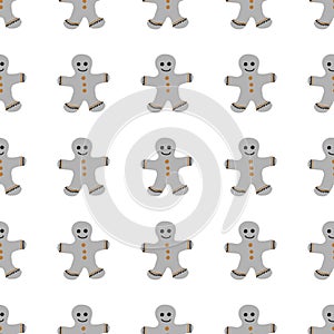 Seamless Merry Christmas pattern of repeating elements - gingerbread men on a white background. Vector illustration in