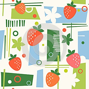 Seamless mid century modern Summer pattern with strawberries