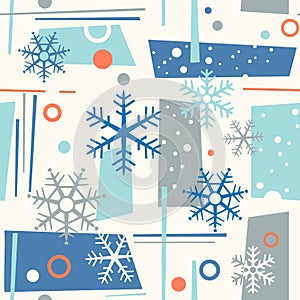 Seamless mid century modern winter pattern with snowflakes