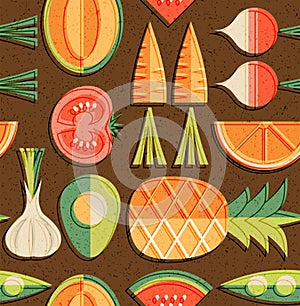 Seamless mid century pattern of fruits and vegetables.