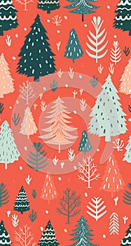 Seamless minimal Christmas pattern with trees. Xmas print. red wallpaper for smartphone background, home screen, vector