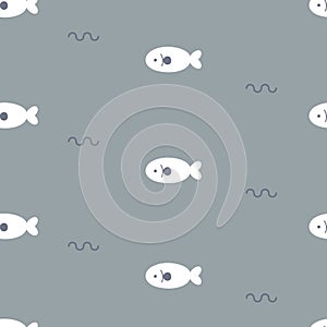 Seamless minimal cute, sweet, pastel nature fish, marine life repeat pattern in blue background