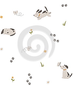 Seamless minimal pattern with cute puppy, butterfly, simple daisy flowers. Endless dog and chamomile background in