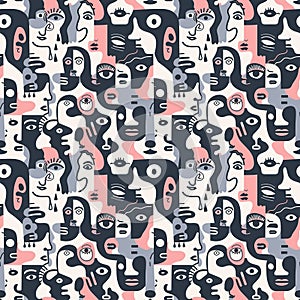 Seamless Minimalist Line Art Faces and Animals Pattern with Abstract Forms, Subtle Pink & Blue Accents photo