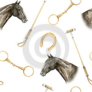 Seamless minimalistic pattern with watercolor illustrations of golden horseshoes and snaffles, horse polo sticks , horse