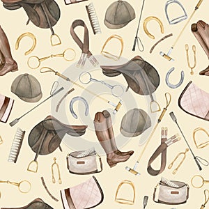 Seamless minimalistic pattern with watercolor illustrations of golden horseshoes and snaffles, saddle, boots, helmet