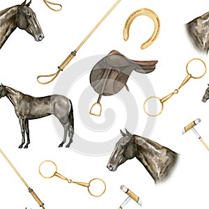Seamless minimalistic pattern with watercolor illustrations of golden horseshoes and snaffles, saddles, horse polo