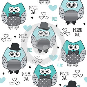 Seamless mister owl pattern vector illustration photo