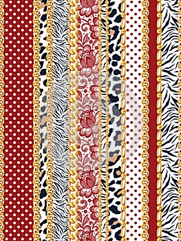 Seamless Mix Pattern of Vertical Golden Chains, Leopard, Zebra, Lace and Dots.