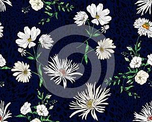 Seamless Modern Hand Drawn Floral Pattern, White Big Flowers on Dark Blue Background.