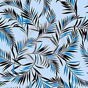 Seamless Modern Palm Leaf Pattern in Blue and Black on Light Background