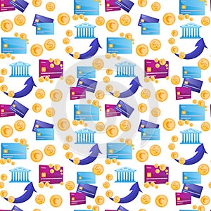 Seamless modern pattern in a banking theme with cashback. With credit cards and coins.