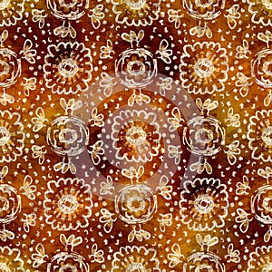 Seamless modern sepia brown flower blockprint print. Grunge watercolor texture floral background. Worn mottled washed