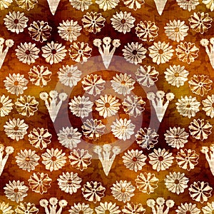 Seamless modern sepia brown flower blockprint print. Grunge watercolor texture floral background. Worn mottled washed