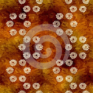 Seamless modern sepia brown flower blockprint print. Grunge watercolor texture floral background. Worn mottled washed