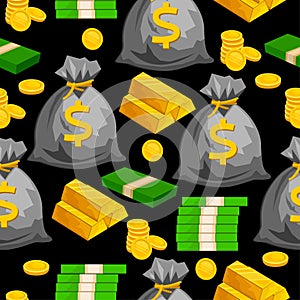 Seamless money pattern with gold coins, money bag and banknotes.