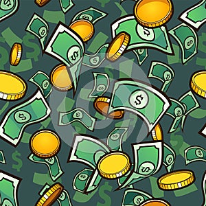 Seamless money pattern with golden coins and bills.