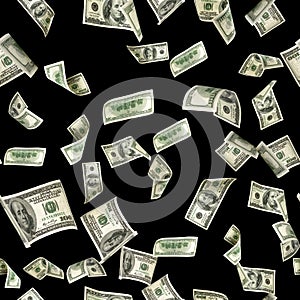 Seamless 100 Money stack. Hundred dollars of America. Falling money isolated, us bill black background photo