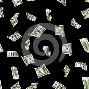 Seamless 100 Money stack. Hundred dollars of America. Falling money isolated, us bill black background photo