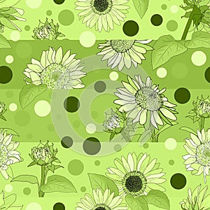 Seamless monochromatic green color pattern with sunflowers.
