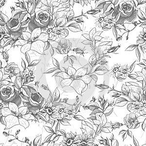 Seamless monochrome floral background with roses