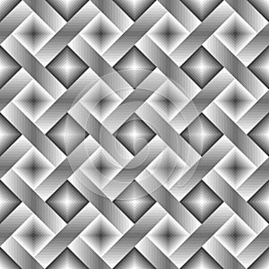 Seamless monochrome geometric pattern with gray, black, white lines and squares. Interweaving or interlacing of stripes.