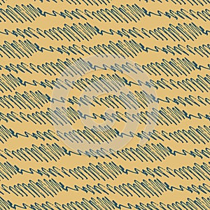 Seamless monochrome oscillogram-like pattern with curved lines on mustard background