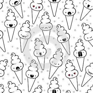 Seamless monochrome pattern different ice cream doodle emotion