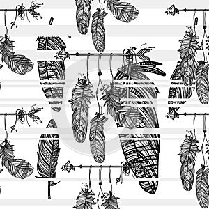 Seamless monochrome pattern with dreamcatcher.