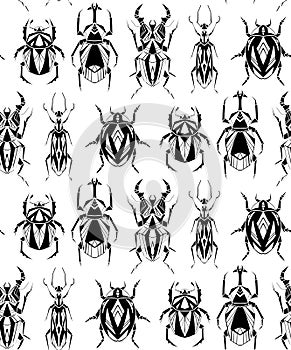 Seamless monochrome pattern with geometric insects in row on white background. Vector texture with black geometrical stag beetle