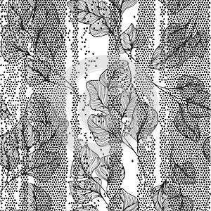Seamless monochrome pattern with  hand-drawn abstract branches on texture background. Vector. Perfect for wallpaper, wrapping,