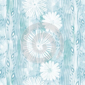 Seamless monochrome pattern with  hand-drawn abstract flowers and vertical wavy stripes on blue watercolor background. Perfect for