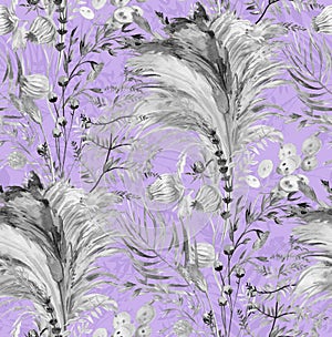 Seamless monochrome pattern with herbs and pampas grass and dried flowers painted