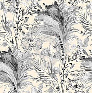 Seamless monochrome pattern with herbs and pampas grass and dried flowers painted