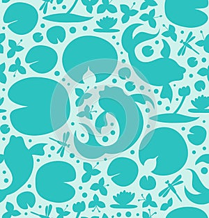 Seamless monochrome pattern with inhabitants of the pond. Fish, carp, goldfish, water lilies, dragonfly