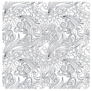 Seamless monochrome pattern stylized fishs, waves