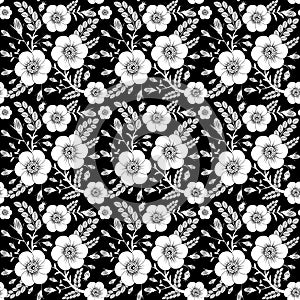 Seamless monochrome pattern with wild rose