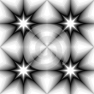 Seamless Monochrome Stars Pattern Glowing from Dark to Light Tones. Visual Volume Effect. Polygonal Geometric Abstract Background