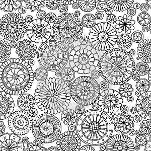 Seamless monochrome summer pattern with stylized flowers in circles.